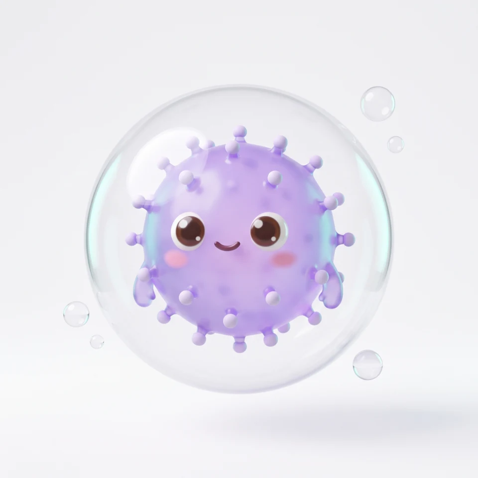 Micelle, eLabN's mascot: a small lavender micelle with ball-tipped spikes and friendly eyes, floating in a bubble.