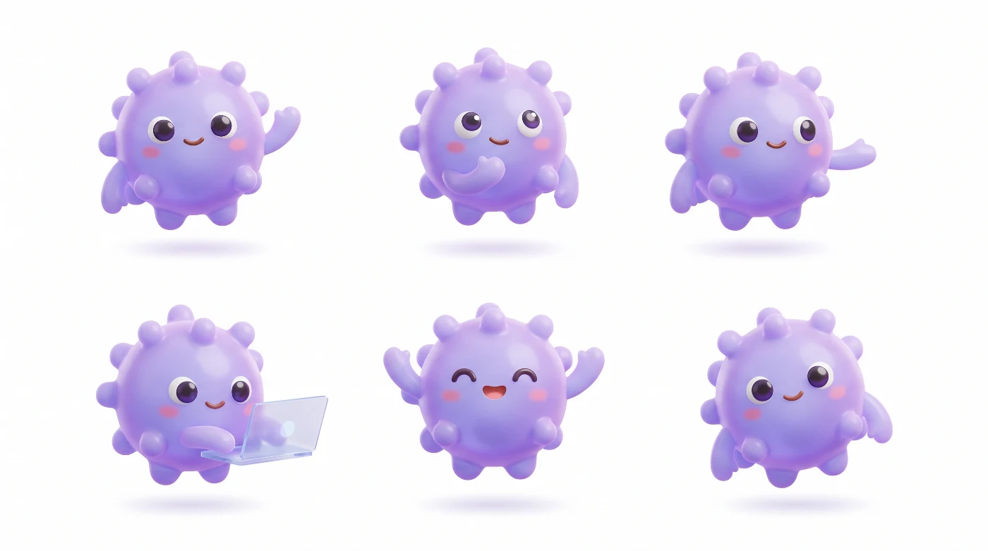 Micelle, eLabN's mascot, shown in six poses: waving, thinking, presenting, working at a tiny laptop, celebrating, and tilting her head.